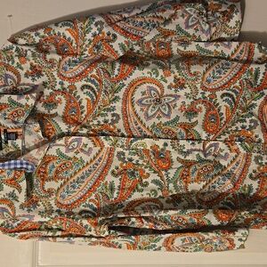 Chaps Womens 3/4 Colorful Coral Paisley Button-Down Shirt.